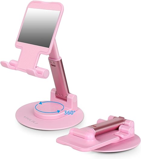 YXLILI Foldable Phone Stand Adjustable Angle Height Cell Phone Holder for Desk 360° Rotating Cellphone Stand for Office Compatible with iPhone14/13/12/11 Pro, Max, Mini, iPad, Tablet(4-9.7in)-Pink