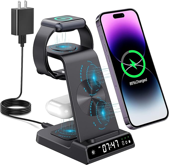 Wireless Charging Station, YiJYi 3 in 1 Watch Charger Stand with Digital Clock Suitable for iWatch SE/6/5/4/3/2/1,AirPods Pro, for iPhone 15/14/13/12/11 Pro Max/XS/XR/X/8/Samsung S23/S22/S21